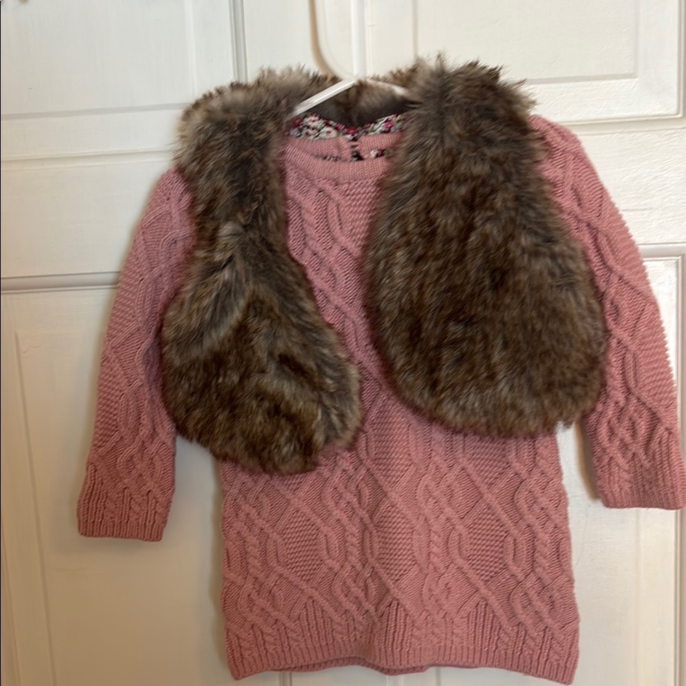 Cozy cable knit Pink Sweater dress with Faux Fur Vest